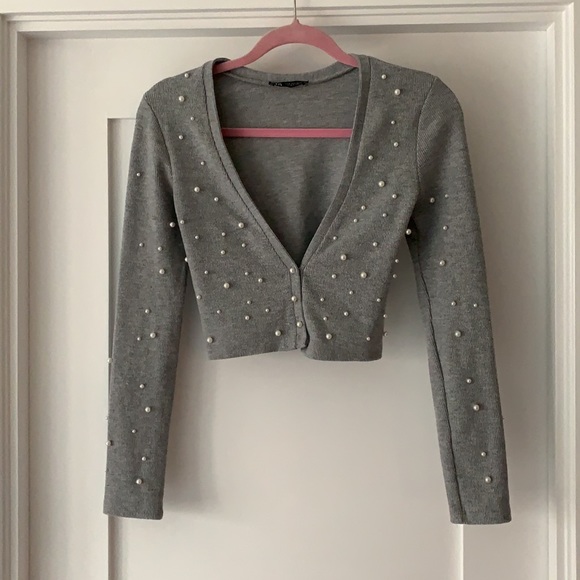 ZARA Pearl V-neck cropped cardigan - Picture 2 of 3
